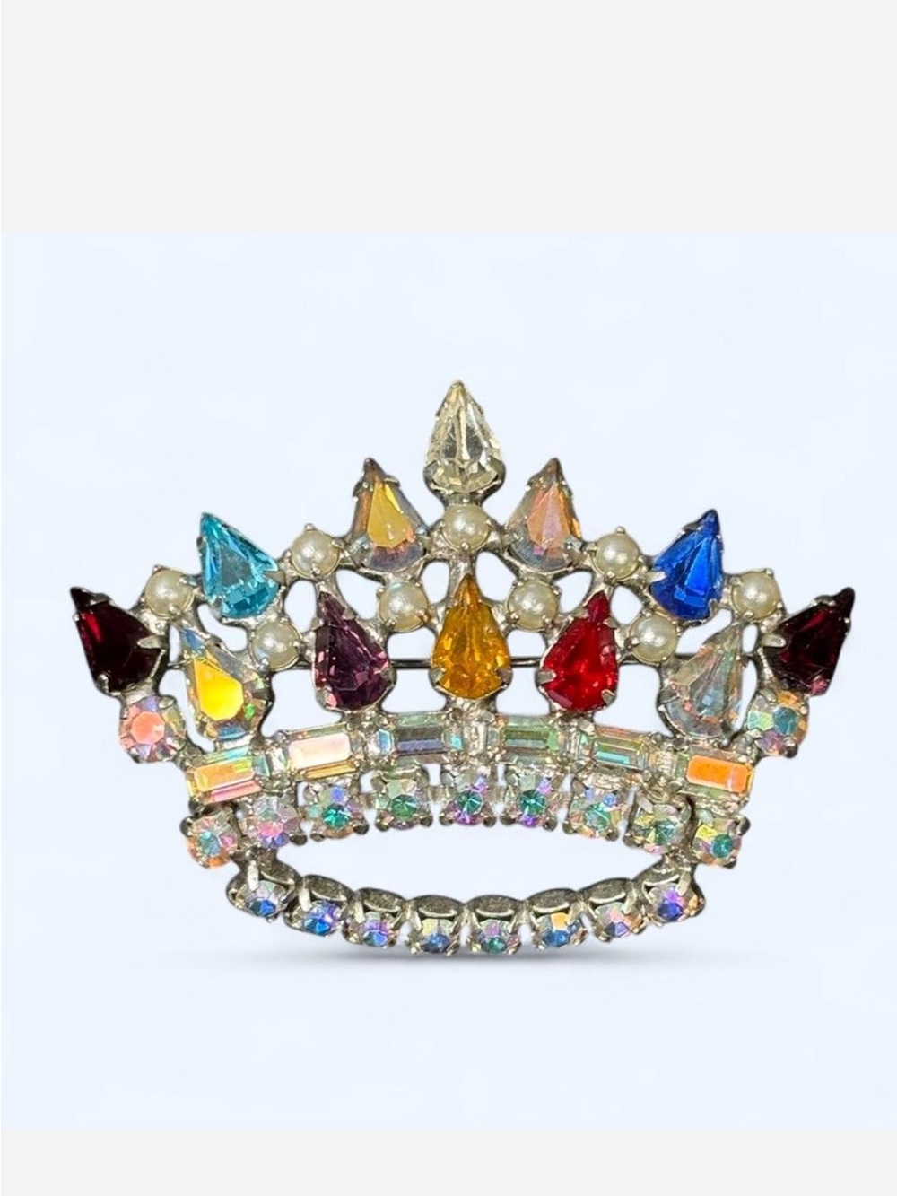 Vintage David Co Brooch Crown Multicolor Jewel Tones 2" Silvertone